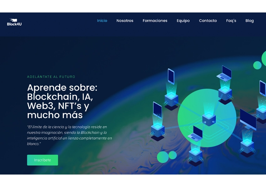 Plataforma educativa sobre Blockchain, IA, Web3 i NFT's promocionada per una Agència SEO.