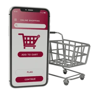 Interfície d'una aplicació de comerç electrònic en un mòbil, amb un carro de la compra al costat, representant solucions desenvolupades per una agència de desenvolupament web especialitzada en botigues online.