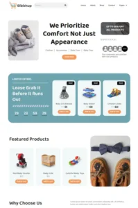 Disseny de pàgina web per a una botiga online de productes per a nadons, destacant ofertes especials, productes destacats i una interfície intuïtiva creada per una agència de desenvolupament web.