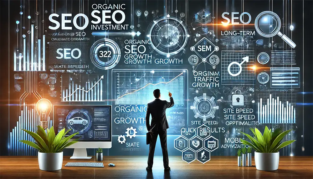 (Beneficios de invertir en SEO): “Gráfico de crecimiento de tráfico orgánico mostrado en una tablet por un profesional de negocios, destacando la importancia de invertir en SEO para mejorar la visibilidad de marca y la tasa de conversión.